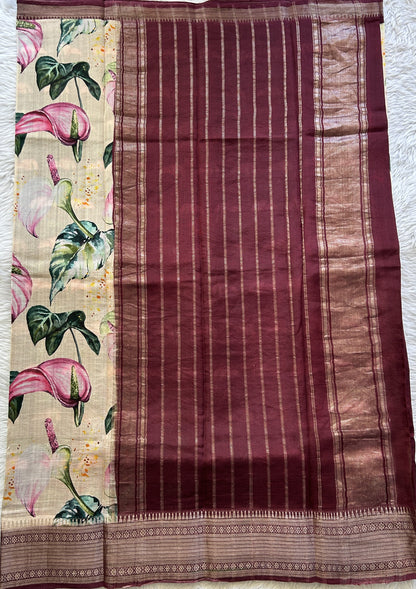 Mangalagiri Pattu Digital Print Saree Cream colored complemented with a Magenta Color kanchi Border - Sampradaya Designer Studio
