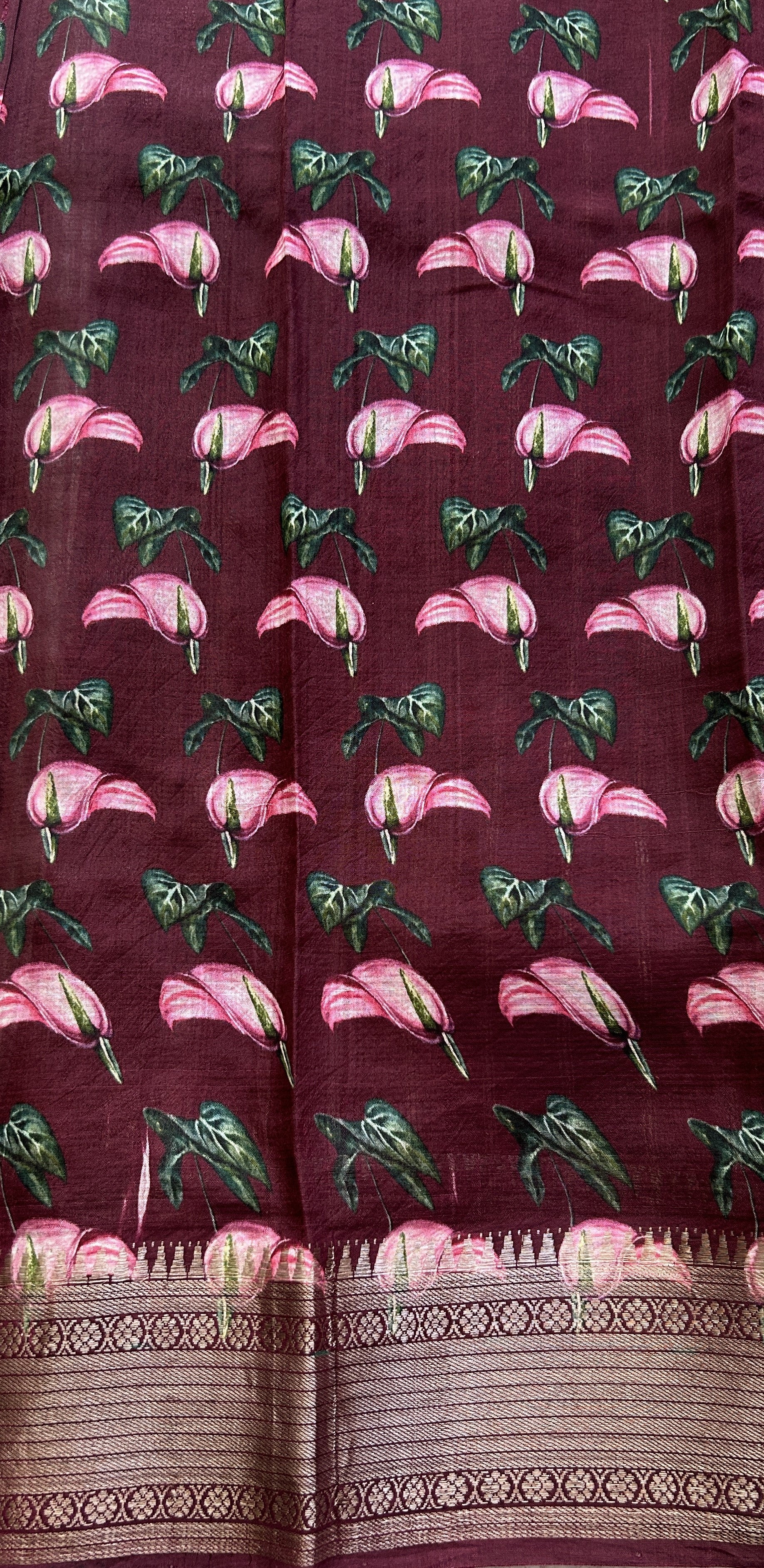 Mangalagiri Pattu Digital Print Saree Cream colored complemented with a Magenta Color kanchi Border - Sampradaya Designer Studio