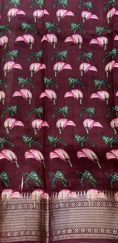 Mangalagiri Pattu Digital Print Saree Cream colored complemented with a Magenta Color kanchi Border - Sampradaya Designer Studio