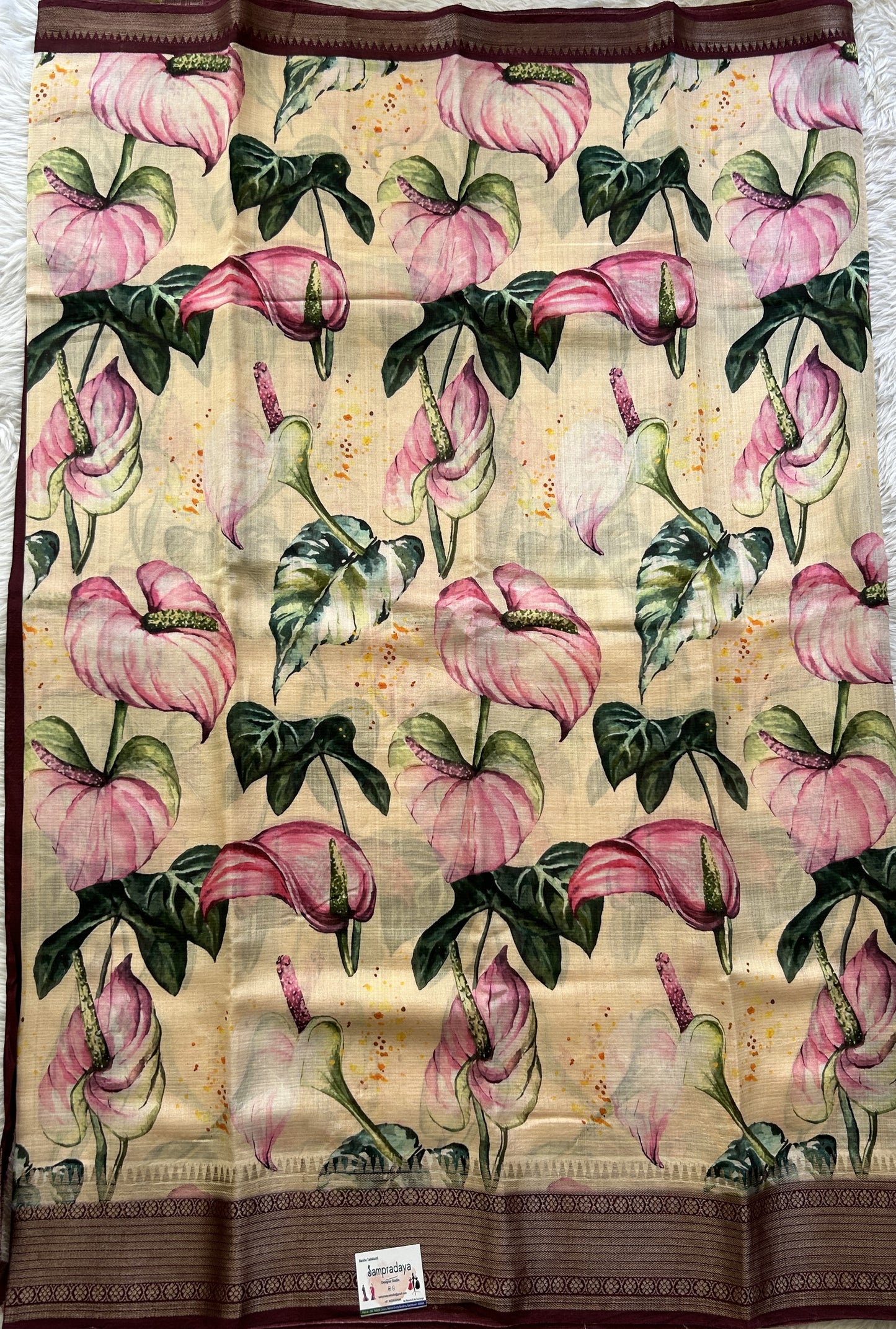Mangalagiri Pattu Digital Print Saree Cream colored complemented with a Magenta Color kanchi Border - Sampradaya Designer Studio