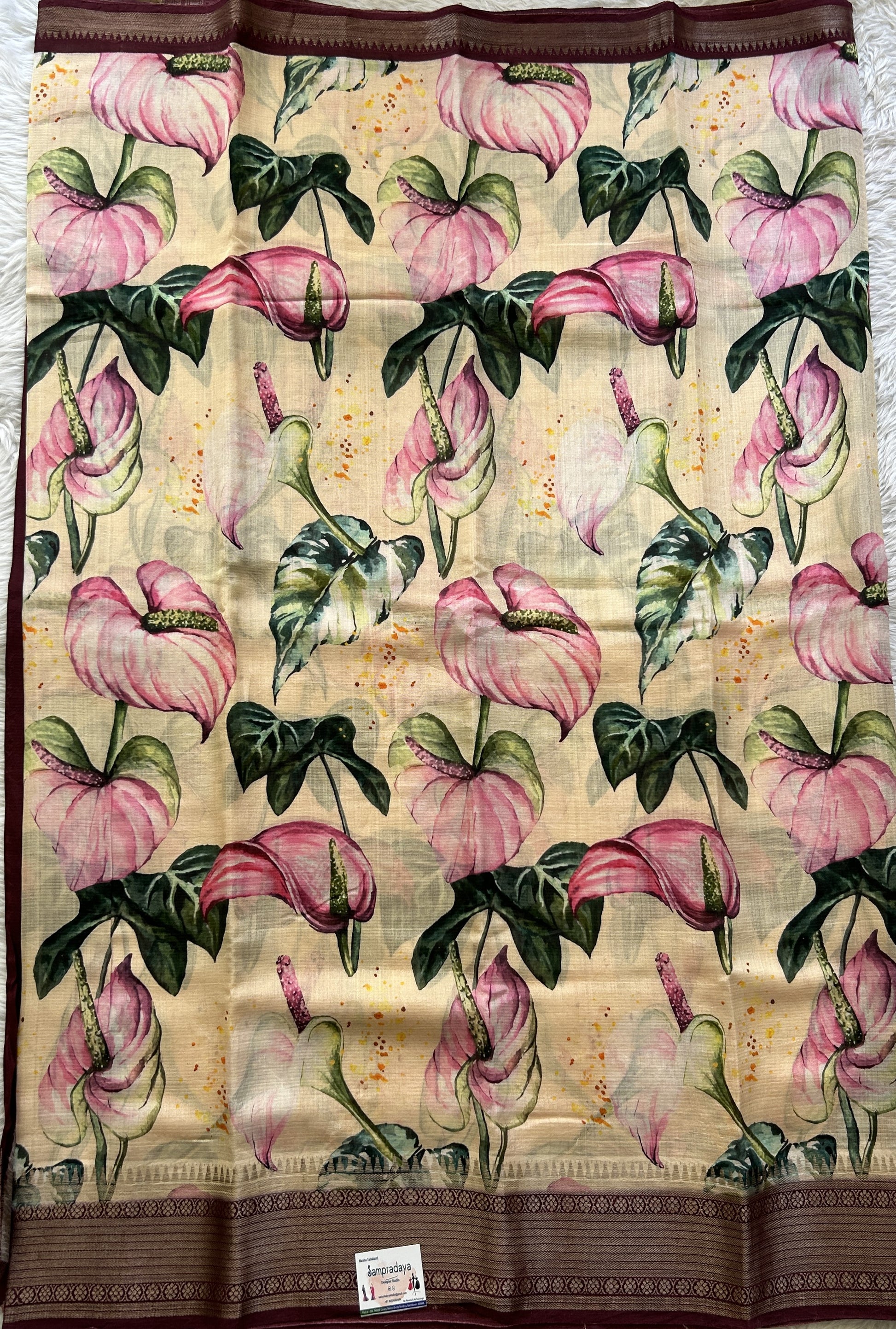 Mangalagiri Pattu Digital Print Saree Cream colored complemented with a Magenta Color kanchi Border - Sampradaya Designer Studio