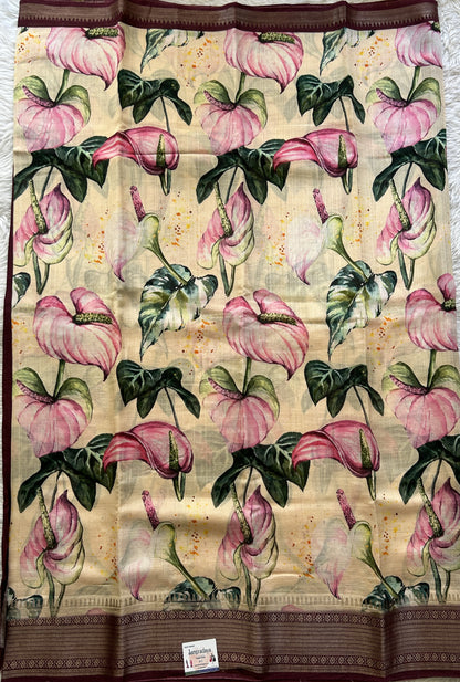 Mangalagiri Pattu Digital Print Saree Cream colored complemented with a Magenta Color kanchi Border - Sampradaya Designer Studio