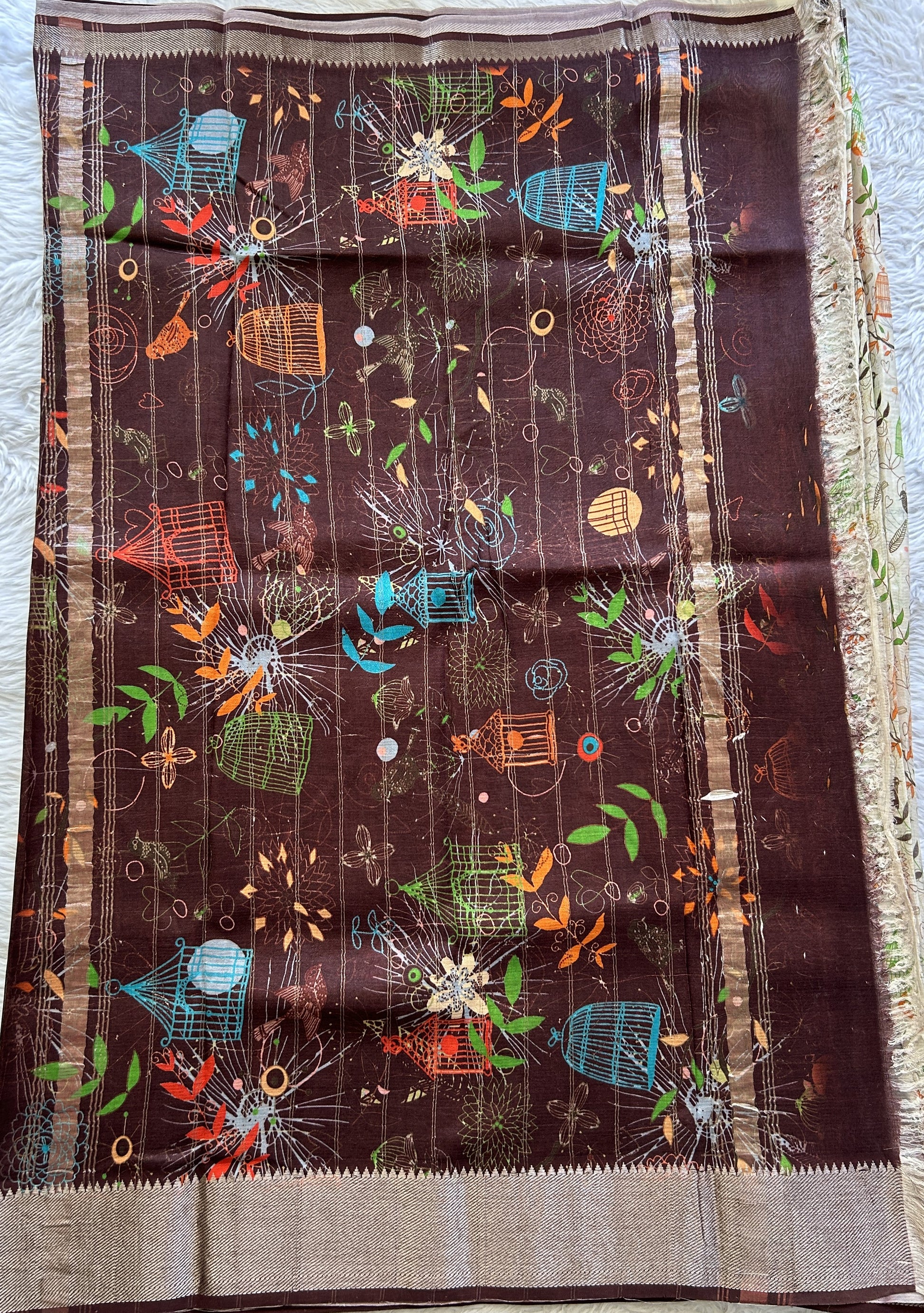 Mangalagiri Pattu Digital Print Saree Cream colored complemented with a Brown Color Zari Border - Sampradaya Designer Studio