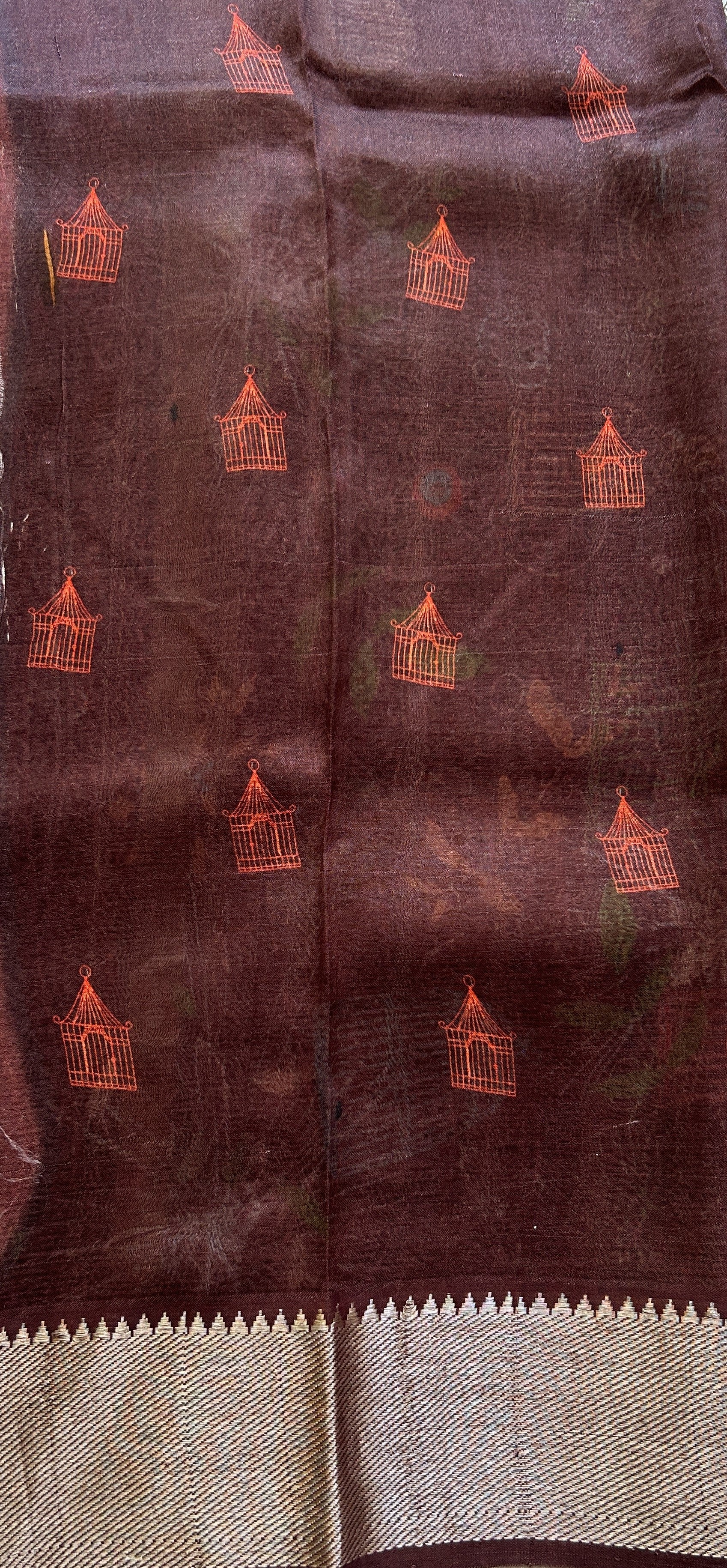 Mangalagiri Pattu Digital Print Saree Cream colored complemented with a Brown Color Zari Border - Sampradaya Designer Studio