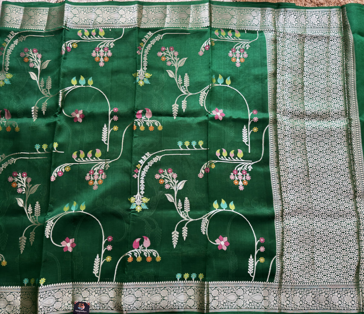 Pure Chiniya Silk Saree Parrot Green Colored Elegantly Paired with a Gold Zari Border.