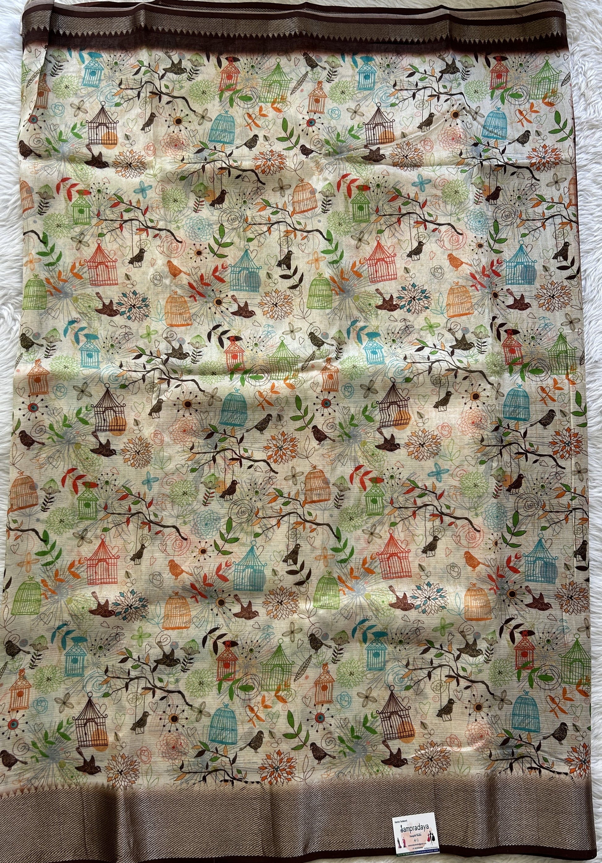 Mangalagiri Pattu Digital Print Saree Cream colored complemented with a Brown Color Zari Border - Sampradaya Designer Studio
