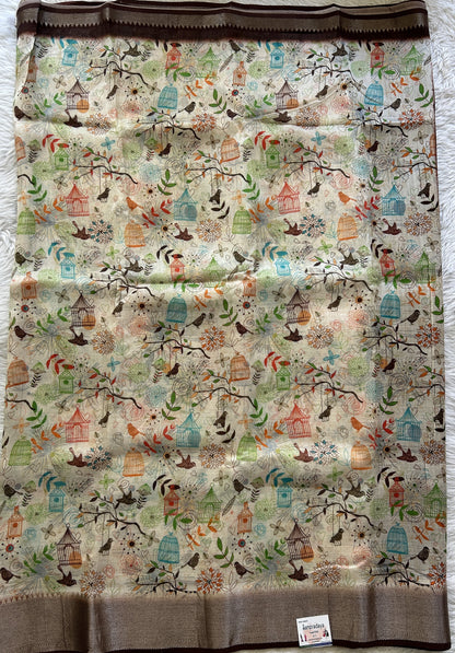 Mangalagiri Pattu Digital Print Saree Cream colored complemented with a Brown Color Zari Border - Sampradaya Designer Studio