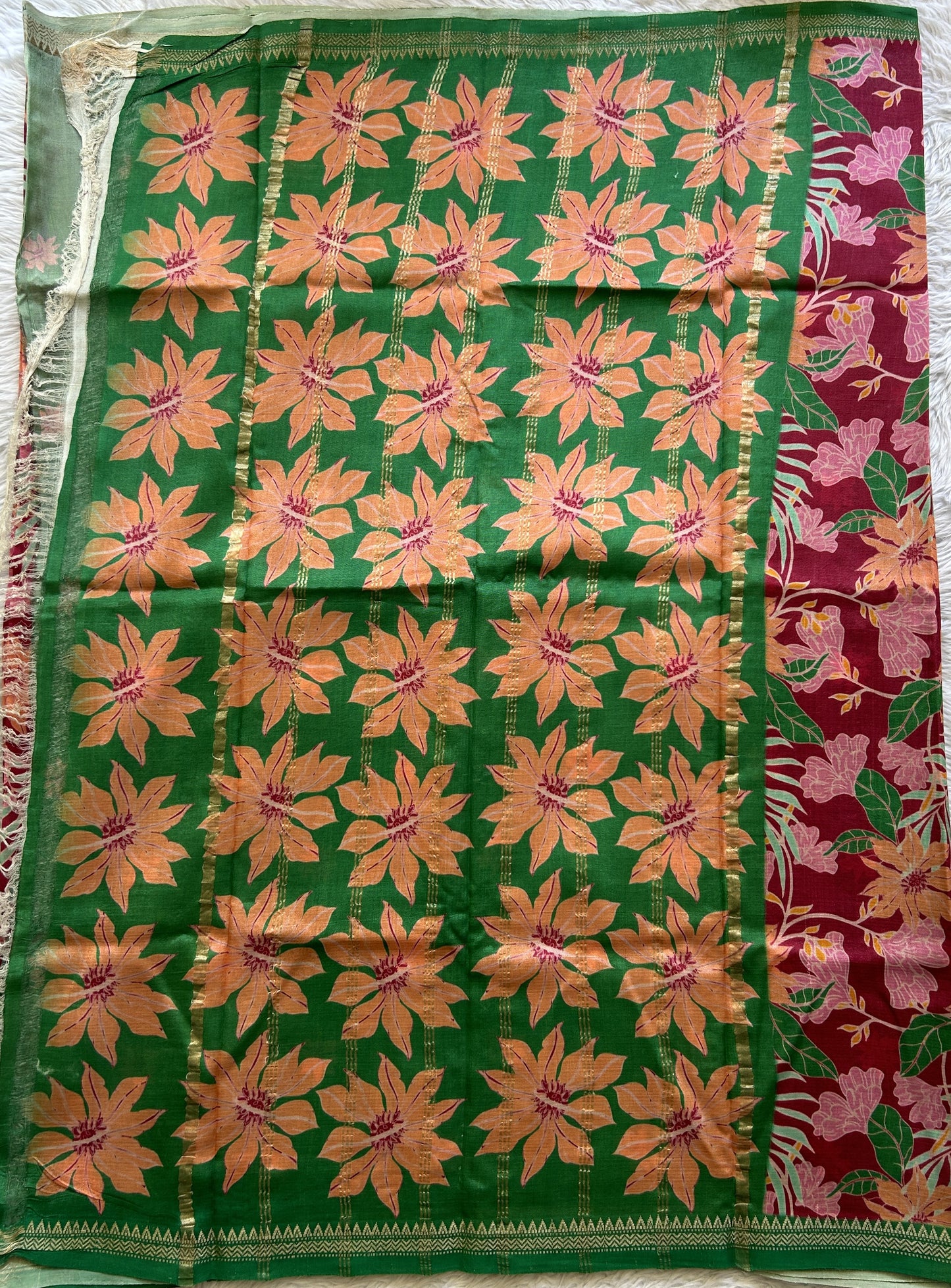 Mangalagiri Pattu Digital Print Saree Pink colored complemented with a Green Color Zari Border - Sampradaya Designer Studio