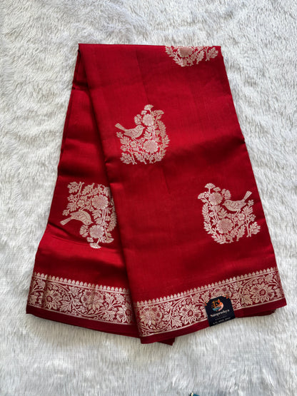 Pure Chiniya Silk Saree Red Colored Elegantly Paired with a Gold Zari Border.