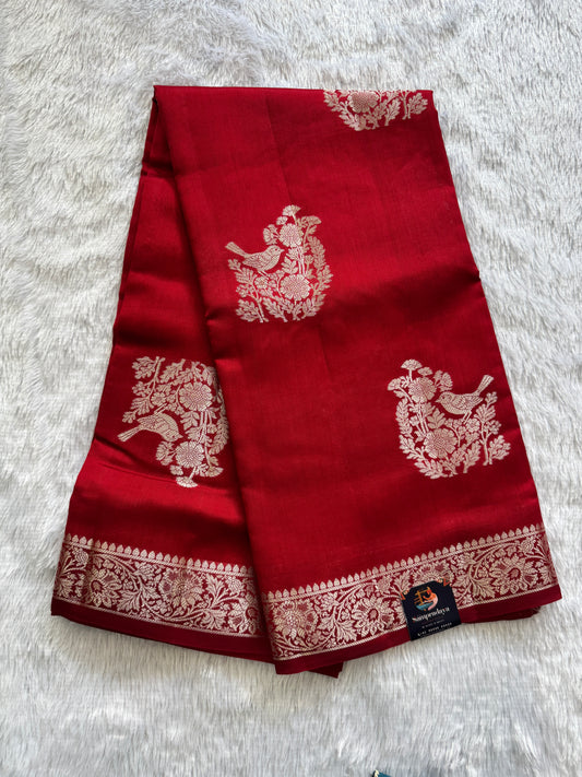 Pure Chiniya Silk Saree Red Colored Elegantly Paired with a Gold Zari Border.