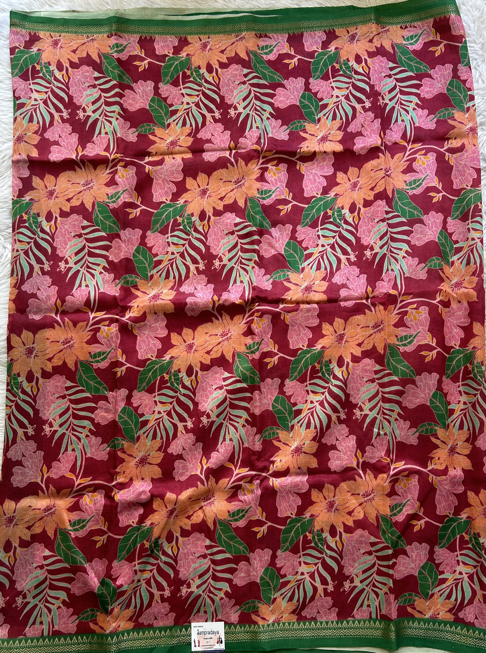 Mangalagiri Pattu Digital Print Saree Pink colored complemented with a Green Color Zari Border - Sampradaya Designer Studio