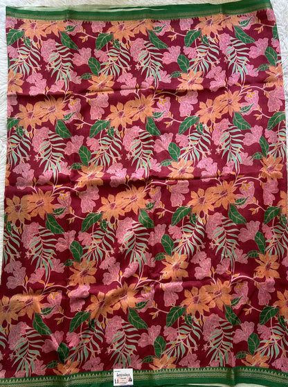 Mangalagiri Pattu Digital Print Saree Pink colored complemented with a Green Color Zari Border - Sampradaya Designer Studio