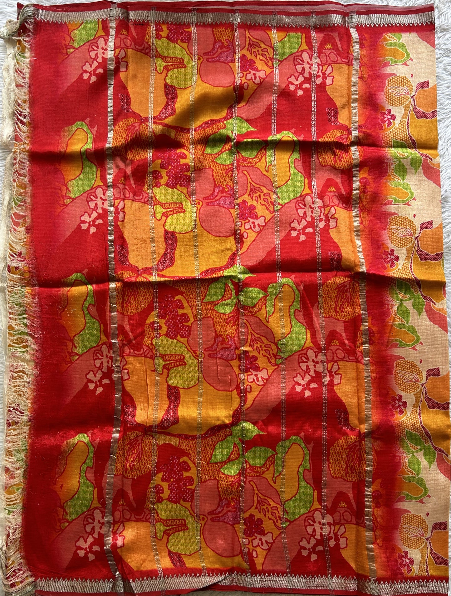 Mangalagiri Pattu Digital Print Saree Beige colored complemented with a Red Color Zari Border - Sampradaya Designer Studio