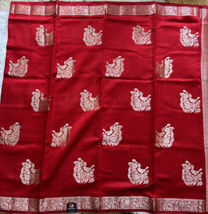 Pure Chiniya Silk Saree Red Colored Elegantly Paired with a Gold Zari Border.
