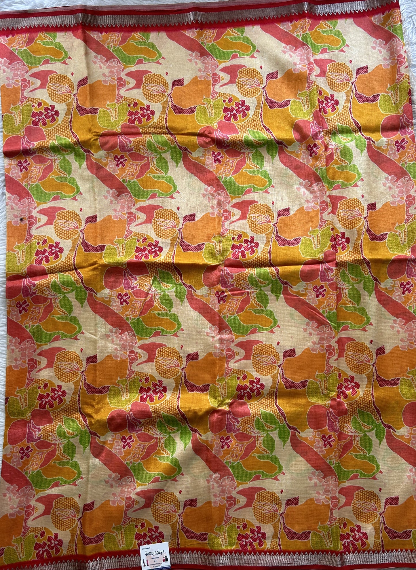 Mangalagiri Pattu Digital Print Saree Beige colored complemented with a Red Color Zari Border - Sampradaya Designer Studio