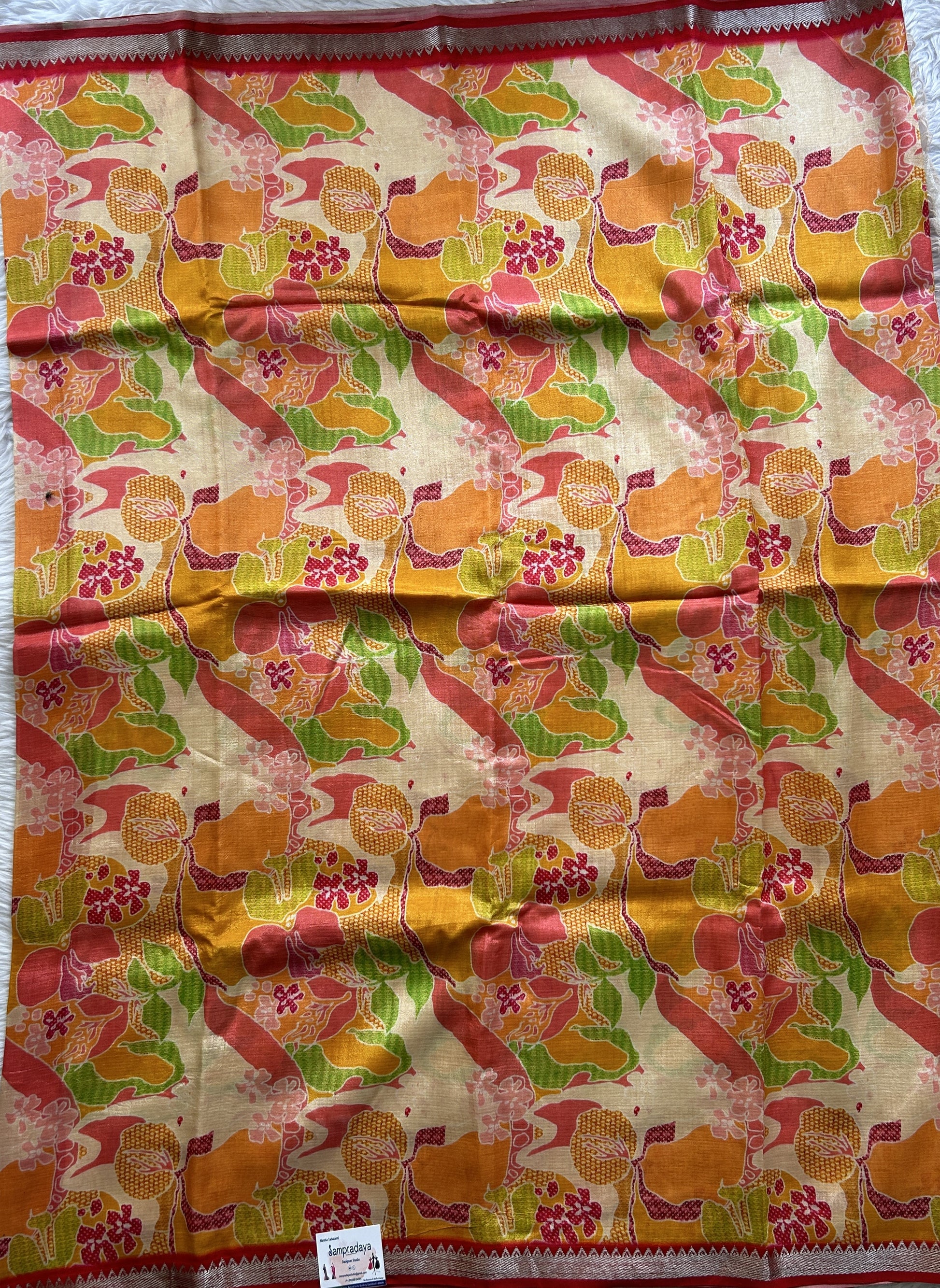 Mangalagiri Pattu Digital Print Saree Beige colored complemented with a Red Color Zari Border - Sampradaya Designer Studio