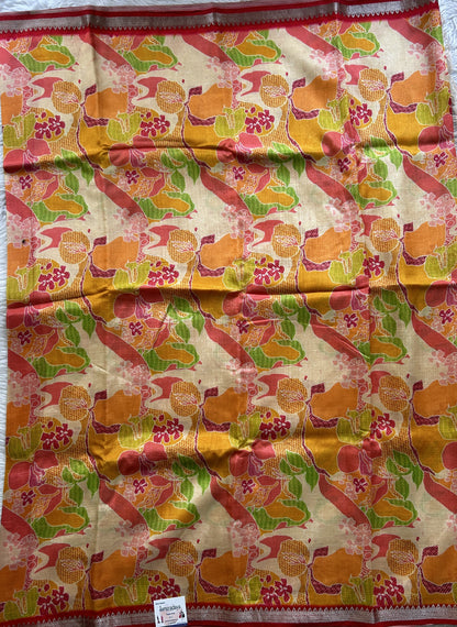 Mangalagiri Pattu Digital Print Saree Beige colored complemented with a Red Color Zari Border - Sampradaya Designer Studio