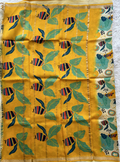 Mangalagiri Pattu Digital Print Saree Cream colored complemented with a Yellow Color Zari Border - Sampradaya Designer Studio