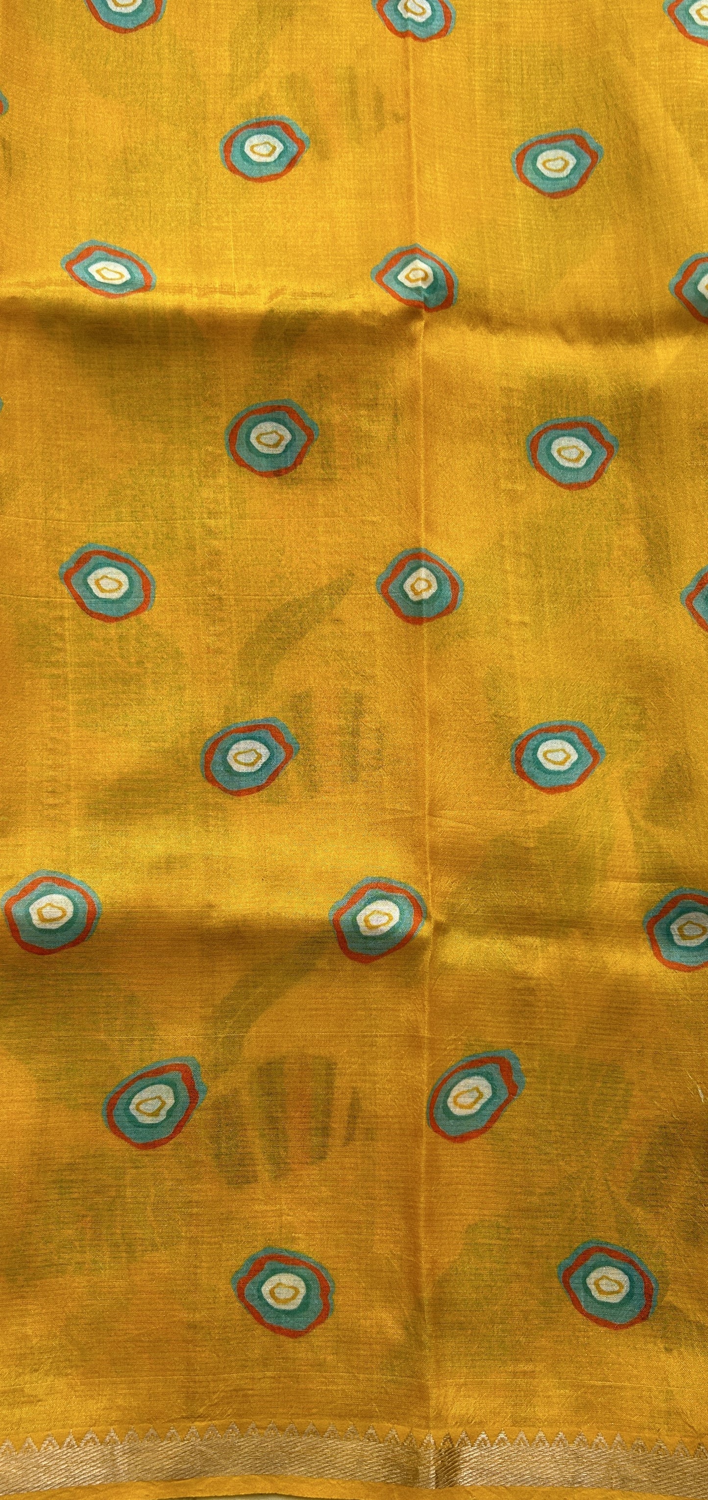 Mangalagiri Pattu Digital Print Saree Cream colored complemented with a Yellow Color Zari Border - Sampradaya Designer Studio
