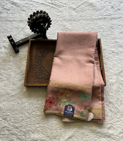 Pure Moonga Tussar Silk Saree Onion Pink Color Complemented with a Digital Print Border. - Sampradaya Designer Studio