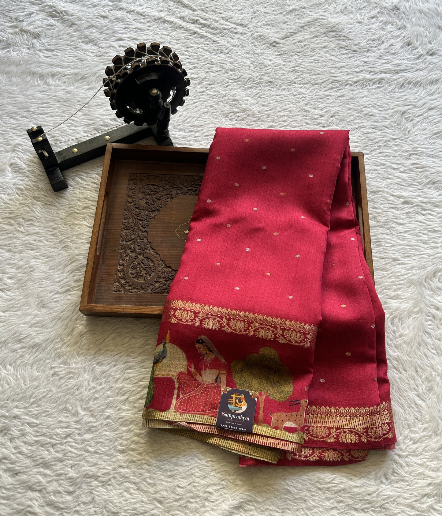 Pure Moonga Tussar Silk Saree Hot Pink Color Complemented with a Digital Print Border. - Sampradaya Designer Studio