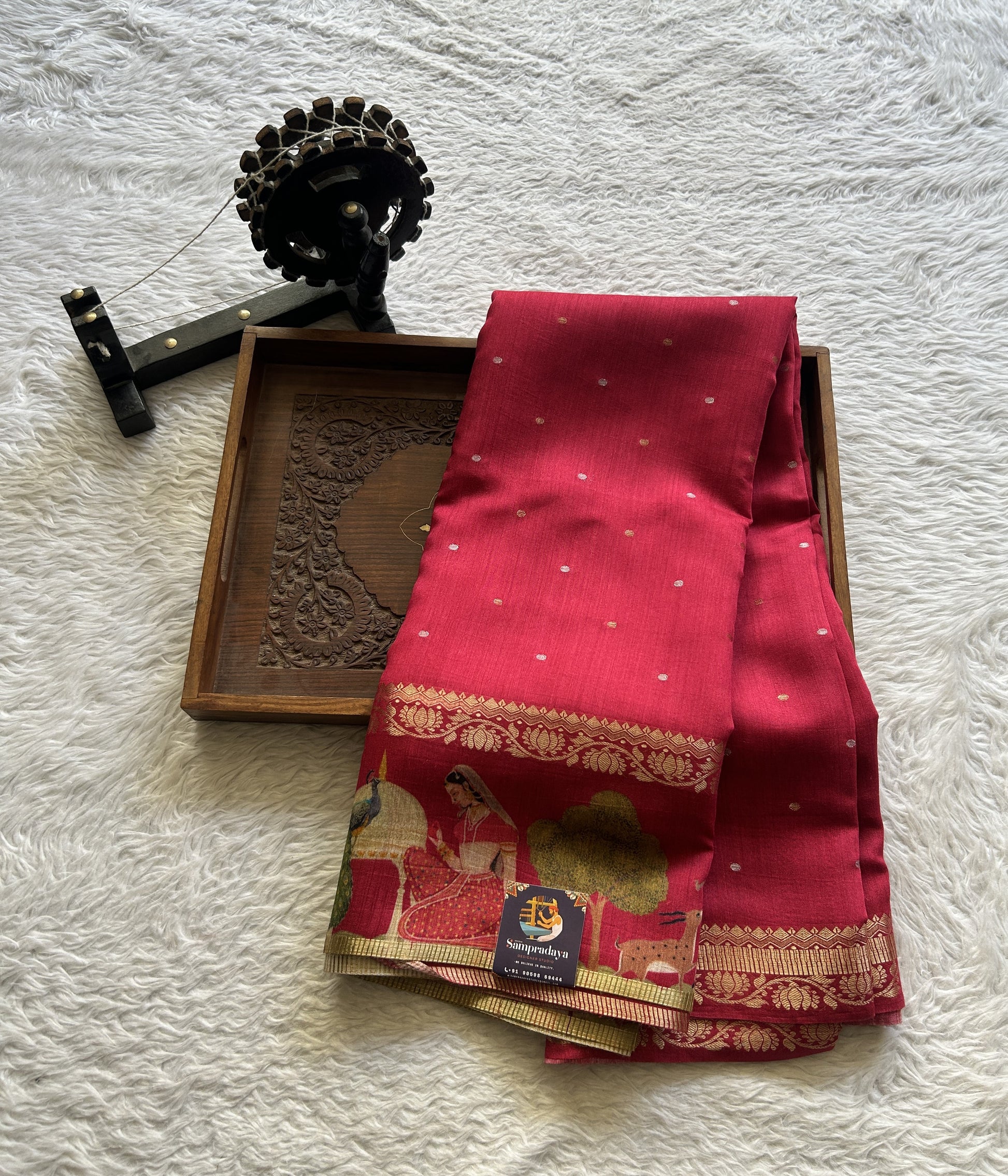 Pure Moonga Tussar Silk Saree Hot Pink Color Complemented with a Digital Print Border. - Sampradaya Designer Studio