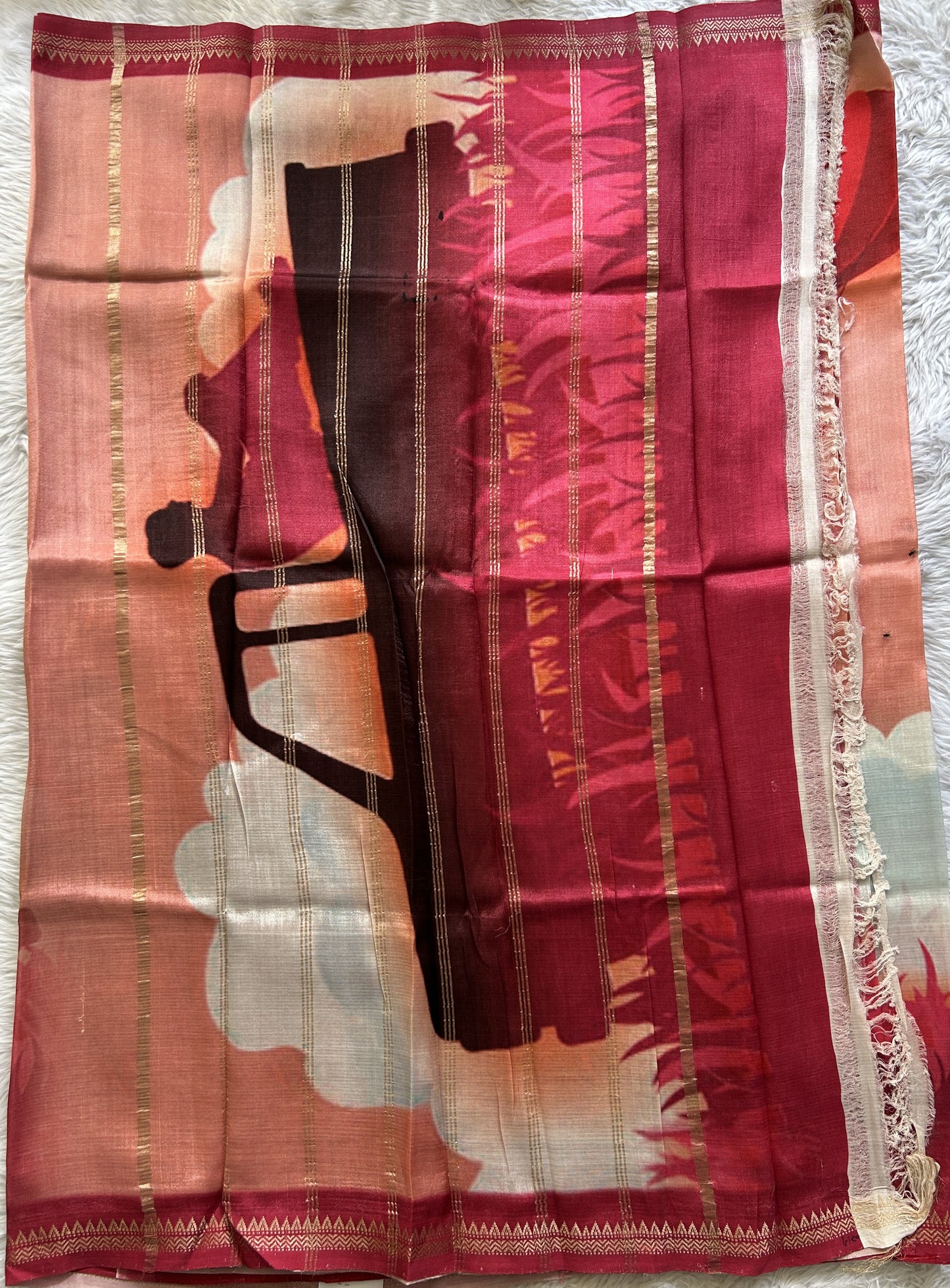 Mangalagiri Pattu Digital Print Saree Peach colored complemented with a Dark Pink Color Zari Border - Sampradaya Designer Studio