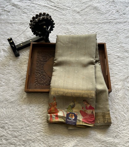 Pure Moonga Tussar Silk Saree Ash Color Complemented with a Digital Print Border. - Sampradaya Designer Studio