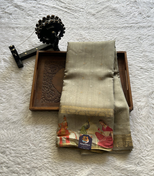 Pure Moonga Tussar Silk Saree Ash Color Complemented with a Digital Print Border. - Sampradaya Designer Studio