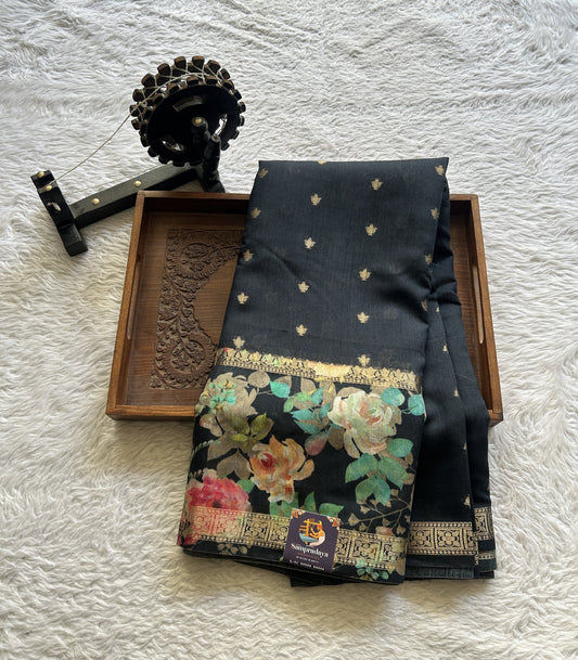 Pure Moonga Tussar Silk Saree Black Color Complemented with a Digital Print Border. - Sampradaya Designer Studio