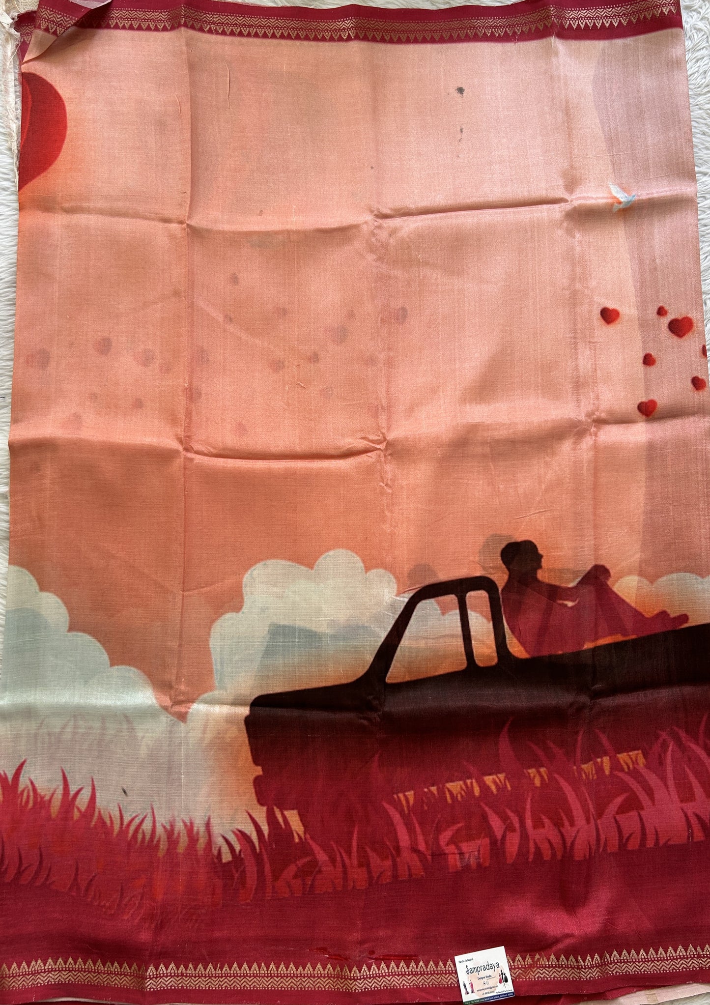 Mangalagiri Pattu Digital Print Saree Peach colored complemented with a Dark Pink Color Zari Border - Sampradaya Designer Studio