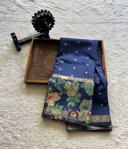 Pure Moonga Tussar Silk Saree Cobalt Blue Color Complemented with a Digital Print Border. - Sampradaya Designer Studio