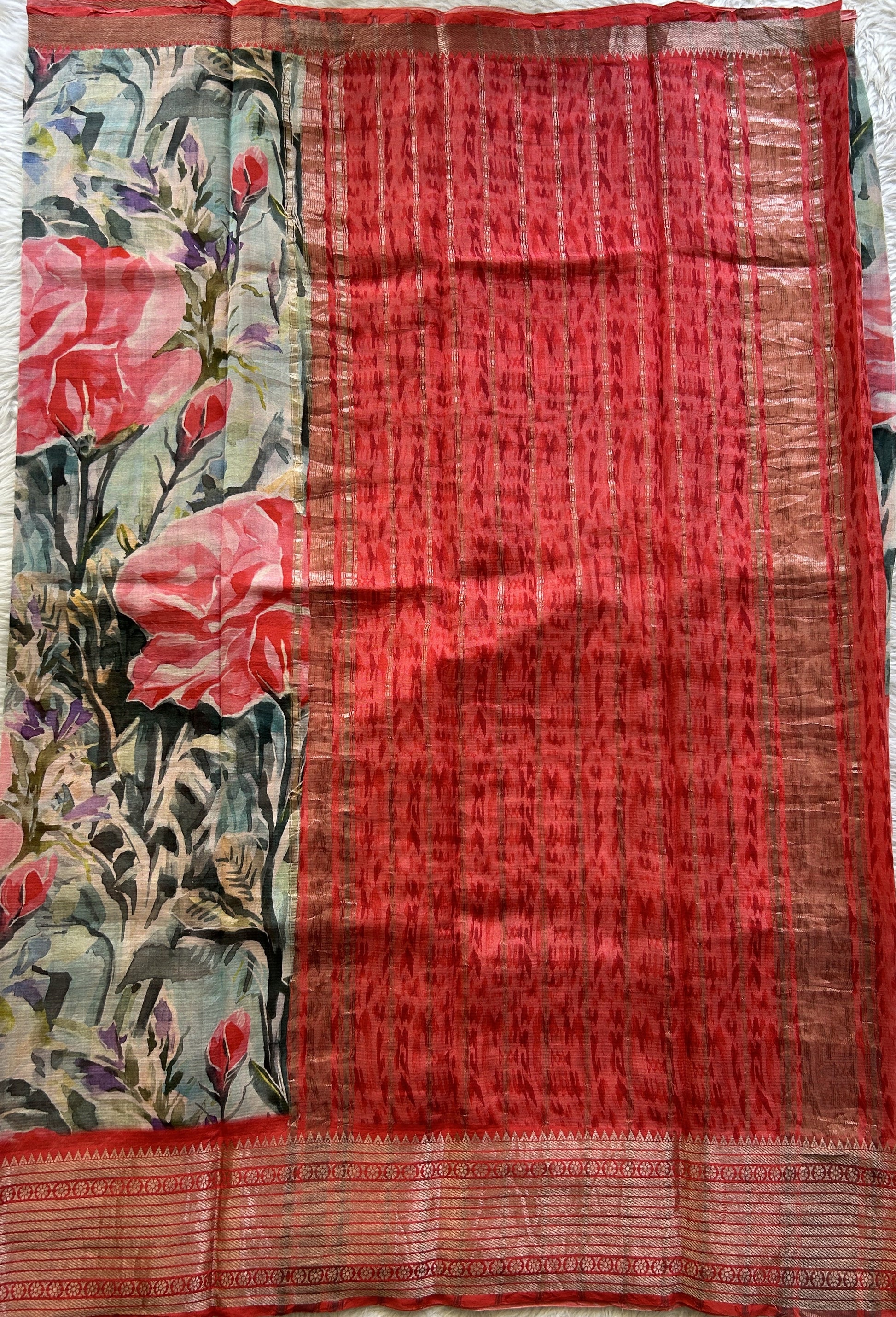 Mangalagiri Pattu Digital Print Saree Sea Blue colored complemented with a Red Color Zari Border - Sampradaya Designer Studio