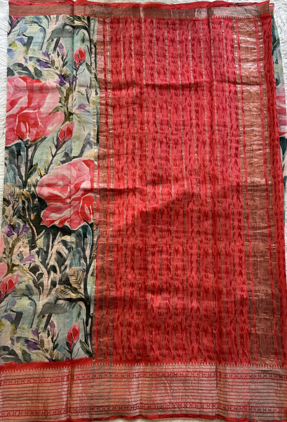Mangalagiri Pattu Digital Print Saree Sea Blue colored complemented with a Red Color Zari Border - Sampradaya Designer Studio