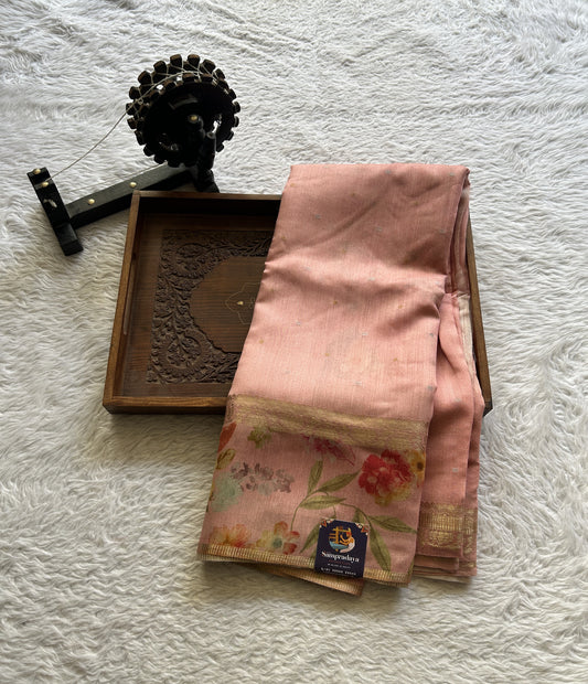 Pure Moonga Tussar Silk Saree Peach Color Complemented with a Digital Print Border. - Sampradaya Designer Studio