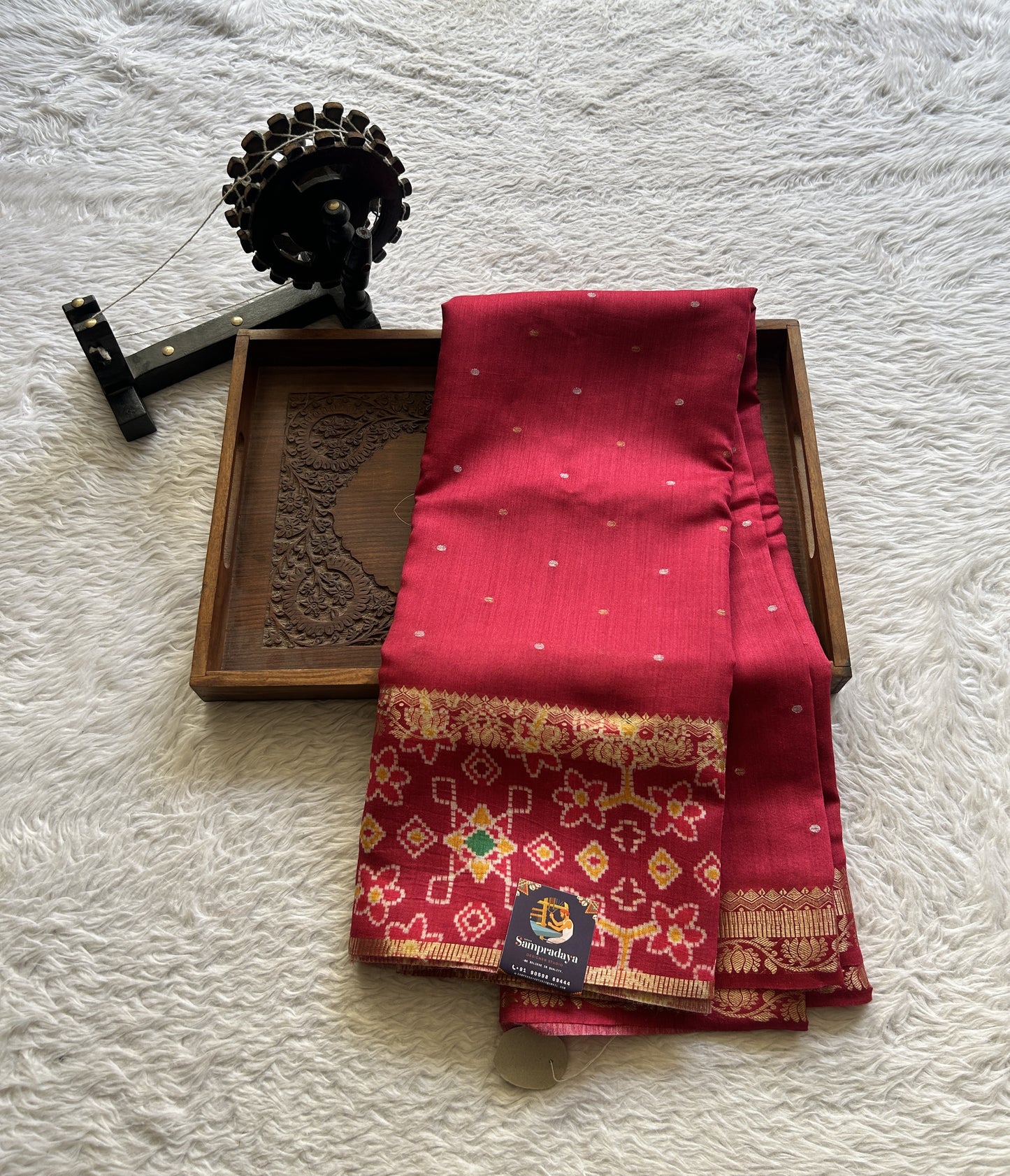 Pure Moonga Tussar Silk Saree Hot Pink Color Complemented with a Patolla Border. - Sampradaya Designer Studio