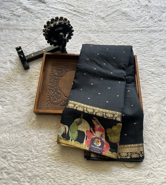 Pure Moonga Tussar Silk Saree Black Color Complemented with a Digital Print Border. - Sampradaya Designer Studio