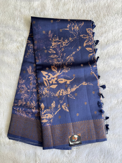 Pure Chiniya Silk Saree  Navy Blue Colored Elegantly Paired with a Gold Zari Border.