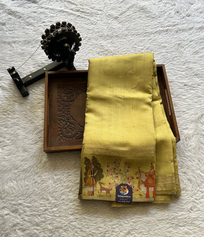 Pure Moonga Tussar Silk Saree Mustard Color Complemented with a Digital Print Border. - Sampradaya Designer Studio