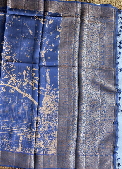 Pure Chiniya Silk Saree  Navy Blue Colored Elegantly Paired with a Gold Zari Border.