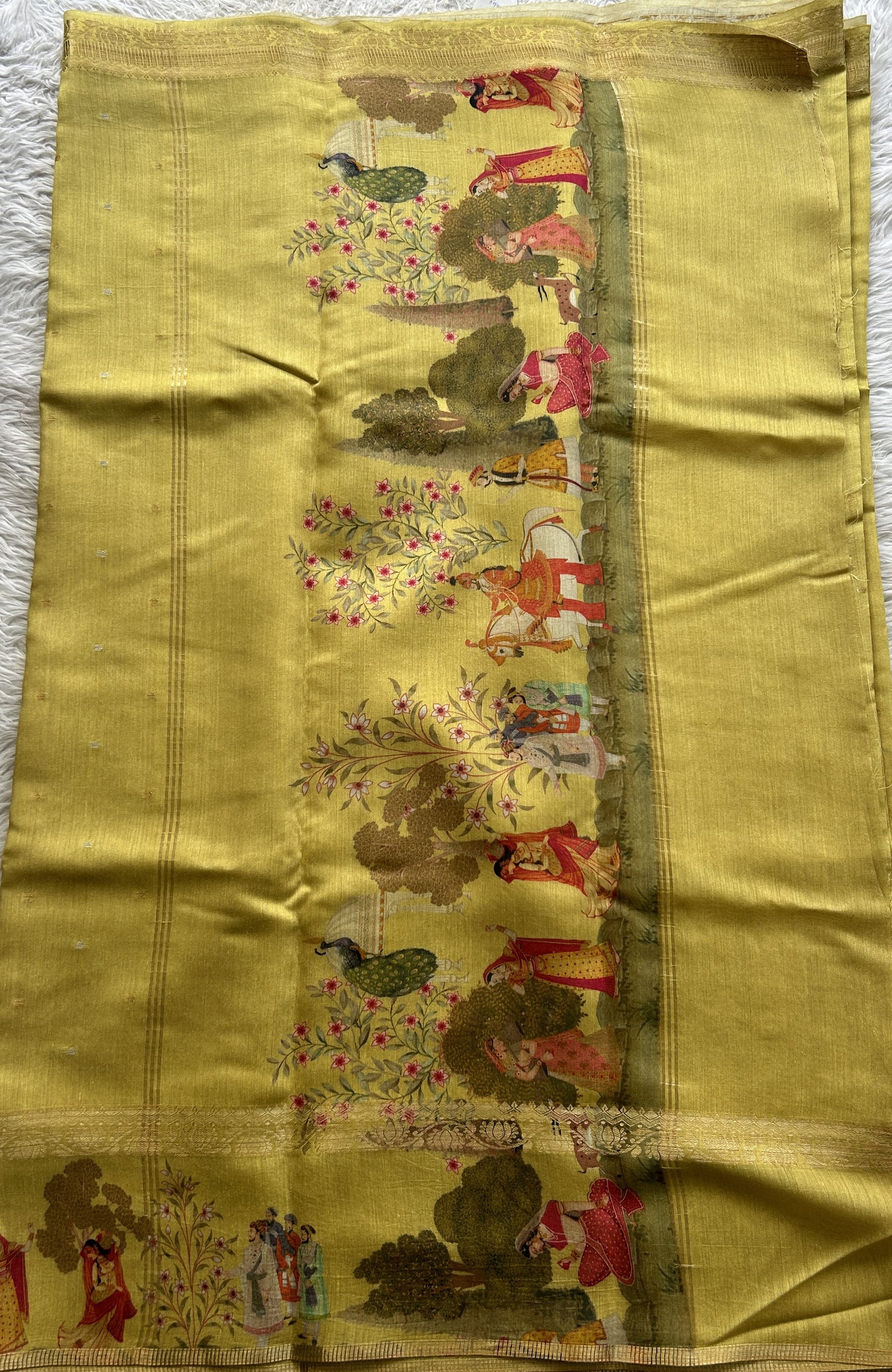 Pure Moonga Tussar Silk Saree Mustard Color Complemented with a Digital Print Border. - Sampradaya Designer Studio