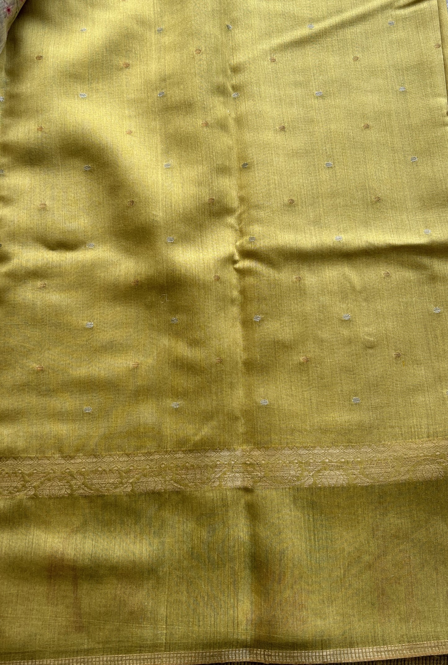 Pure Moonga Tussar Silk Saree Mustard Color Complemented with a Digital Print Border. - Sampradaya Designer Studio