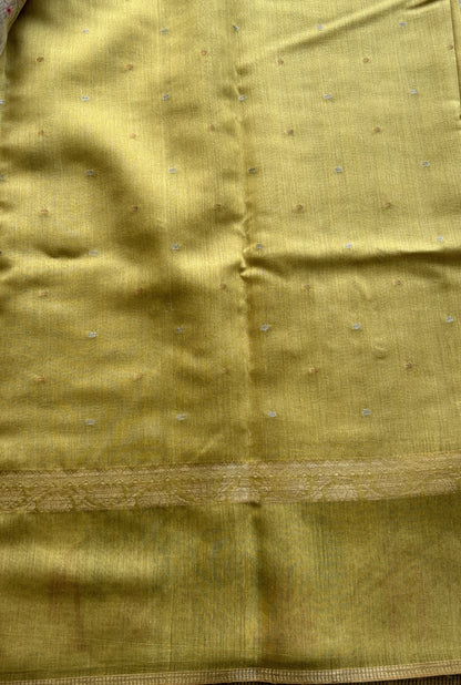 Pure Moonga Tussar Silk Saree Mustard Color Complemented with a Digital Print Border. - Sampradaya Designer Studio