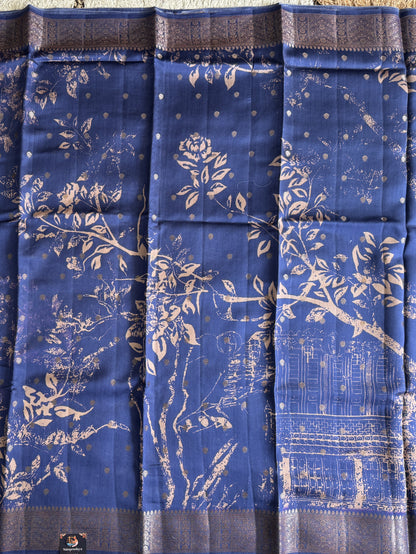 Pure Chiniya Silk Saree  Navy Blue Colored Elegantly Paired with a Gold Zari Border.