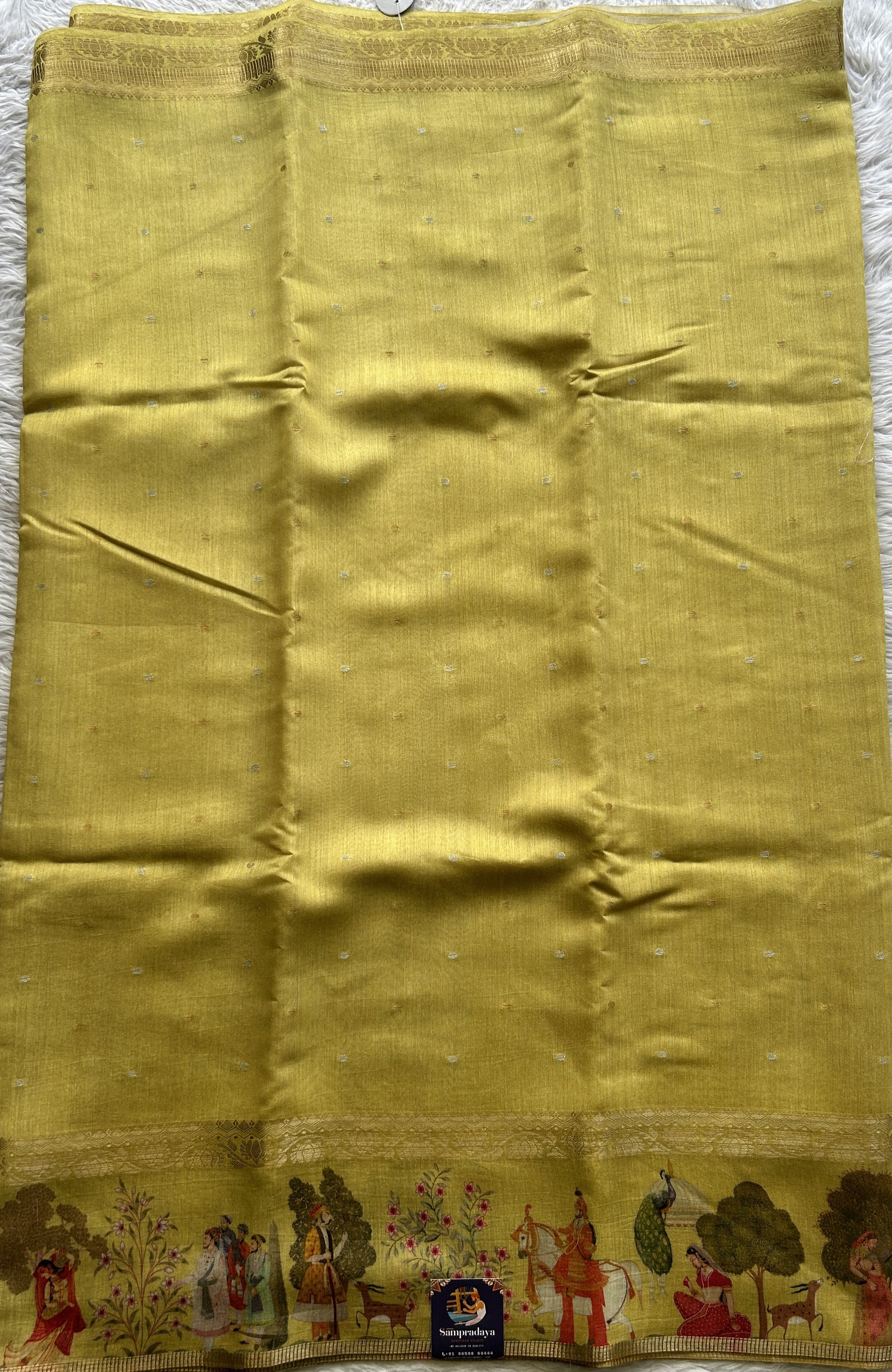 Pure Moonga Tussar Silk Saree Mustard Color Complemented with a Digital Print Border. - Sampradaya Designer Studio