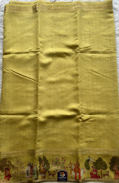 Pure Moonga Tussar Silk Saree Mustard Color Complemented with a Digital Print Border. - Sampradaya Designer Studio