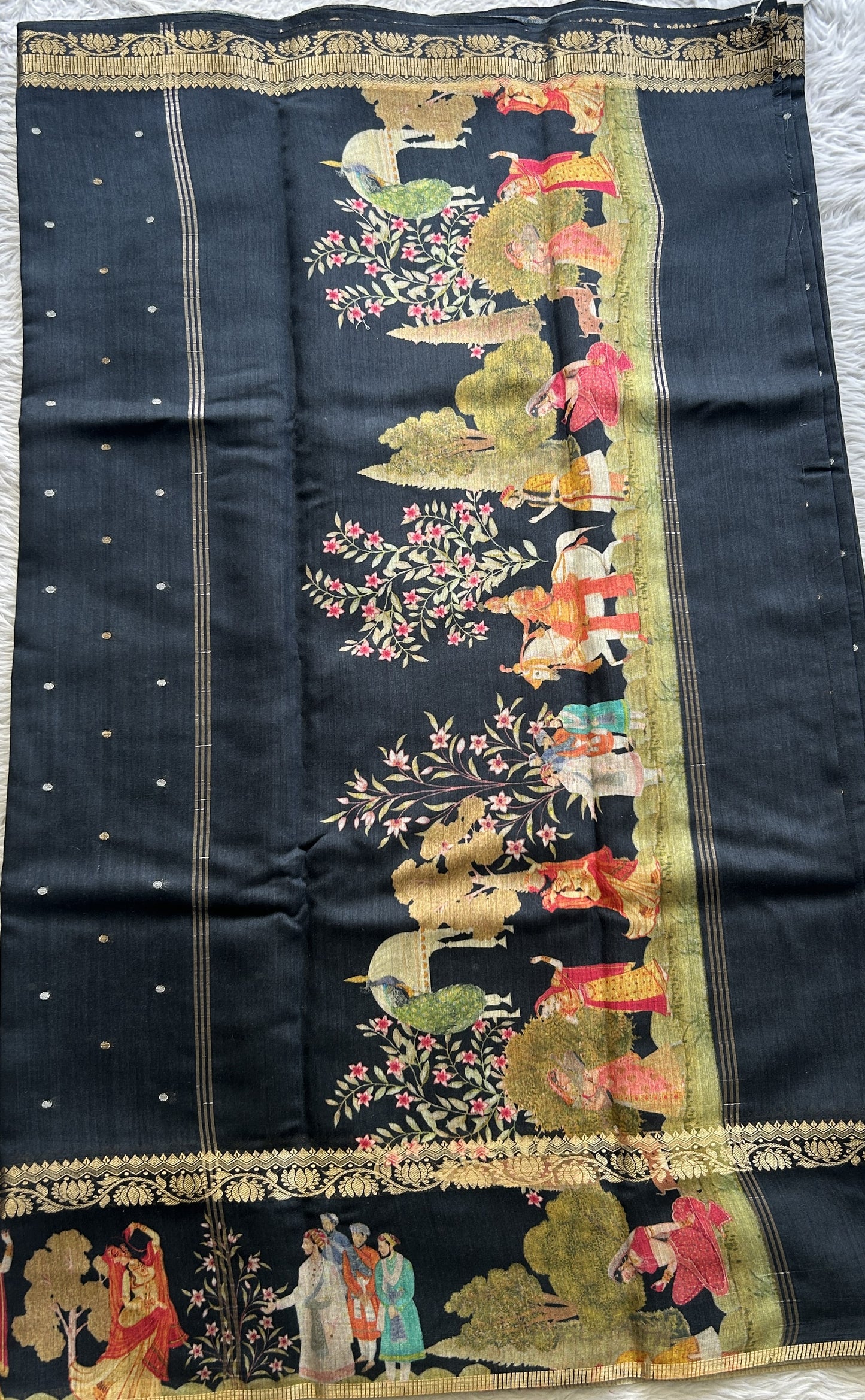 Pure Moonga Tussar Silk Saree Black Color Complemented with a Digital Print Border. - Sampradaya Designer Studio