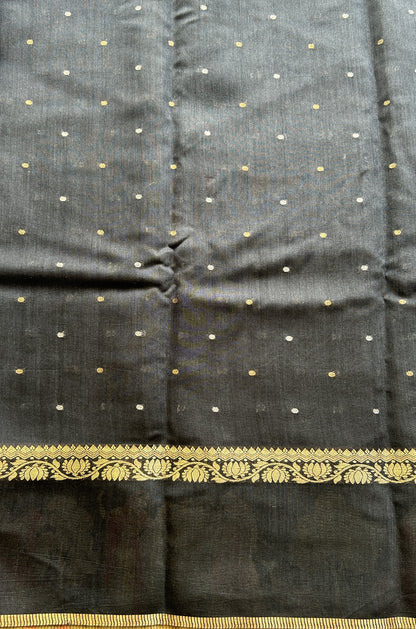 Pure Moonga Tussar Silk Saree Black Color Complemented with a Digital Print Border. - Sampradaya Designer Studio