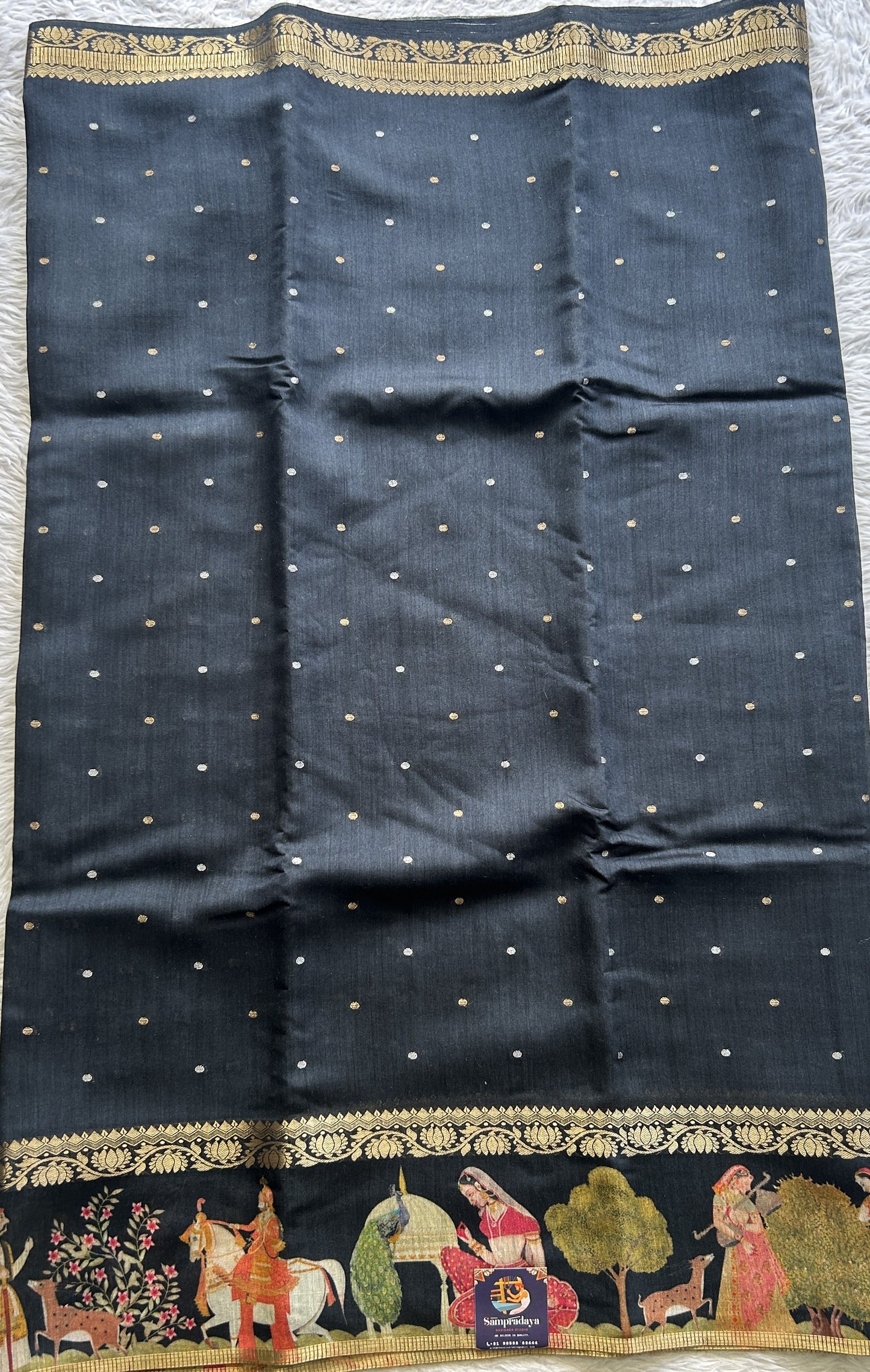 Pure Moonga Tussar Silk Saree Black Color Complemented with a Digital Print Border. - Sampradaya Designer Studio