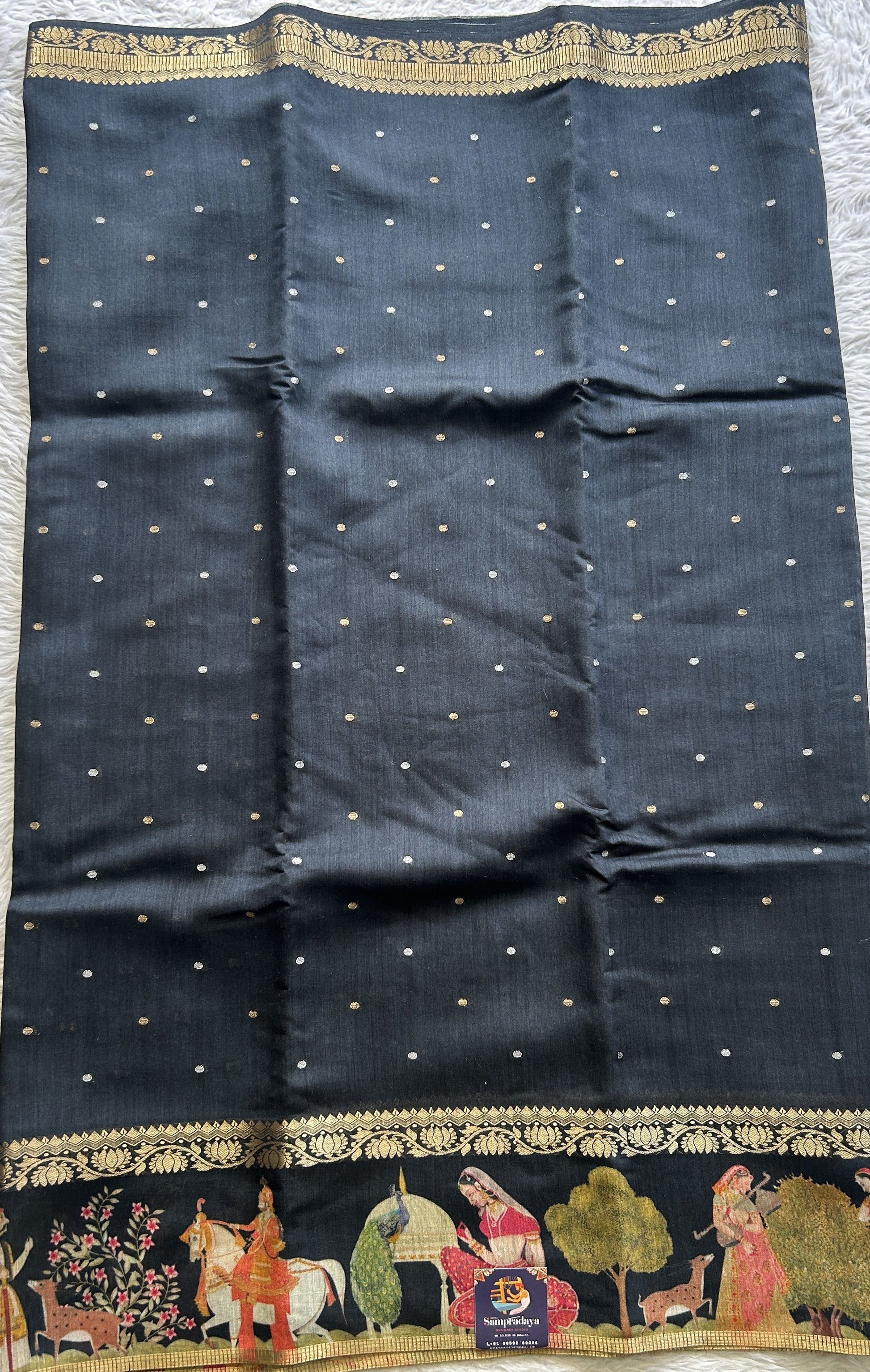 Pure Moonga Tussar Silk Saree Black Color Complemented with a Digital Print Border. - Sampradaya Designer Studio